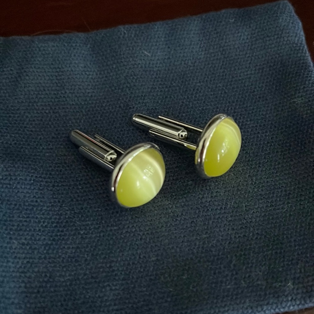 Vintage, authentic stainless setting with precious stone cuff links. 1990s era